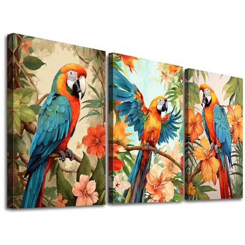 GLOKAKA Set of 3 Parrot Wall Art Colorful Parrot on Branch with Tropical Leaves Painting Pictures Wall Decor Colorful Birds Artwork for Living Room Bedroom Bathroom Decor - color: Parrot Artwork-02, size: 16"L x 12"W