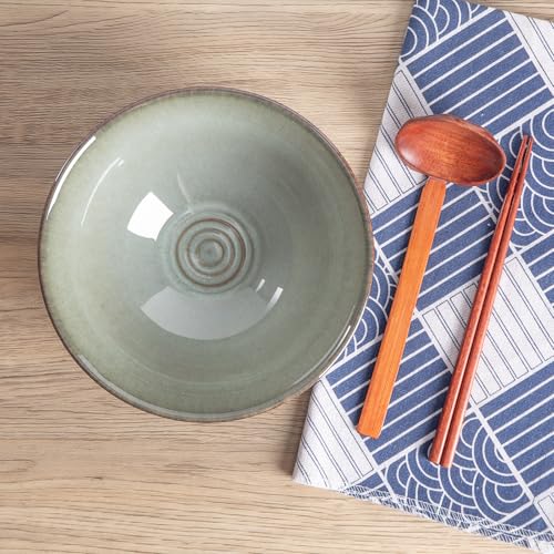 40oz Japanese Ceramic Ramen Bowl Set of 2 with Chopsticks and Spoons for Pho Udon Asian Soup Noodles (Grayish Green) - color: Grayish Green