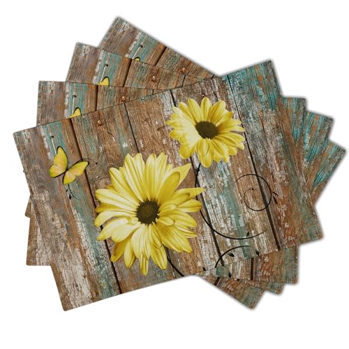 Giwawa Rustic Daisy Placemats Set of 4- Yellow Sunflowers Vintage Wood Board Linen Place Mat- Farmhouse Wooden Floral Non Slip Heat Resistant Table Mats for Kitchen Dining Cabin Lodge Decor - color: Daisy Yellow