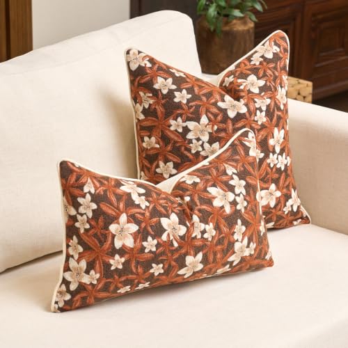 Aeckself Neutral Floral Pillow Cover 12 x 20 Inch, Vintage Chenille Rectangle Throw Pillow Cover Soft Home Decorative Farmhouse Accent Couch Pillow Cover for Living Room Bedroom, Orange - color: Orange, size: 20" x 12" (Pack of 1)