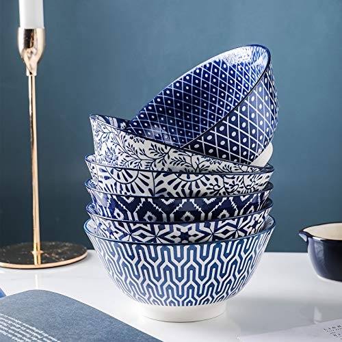 Selamica Ceramic 20 Oz Cereal Bowls Set of 6, 6 inch Soup Bowls - color: Vintage Blue, size: 6 inches