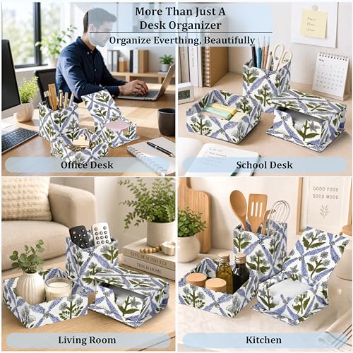 Ridhi Light Steel Blue Block Print Office Desk Organizer Pen & Note Holder - color: Light Steel Blue