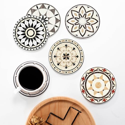 Baalaka Coasters Set of 6 with Holder, 4 in Absorbent Ceramic Boho Mats