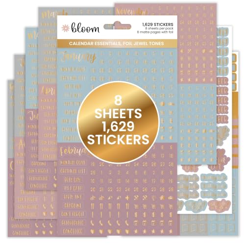 bloom daily planners Metallic Calendar Essentials Planner Stickers - 8 Sheets, 1629 Stickers Per Pack! - Aesthetic Monthly Headings, Dates, Icons, Etc. - Gold Foil, Jewel Tones - color: Gold Foil Jewel Tones