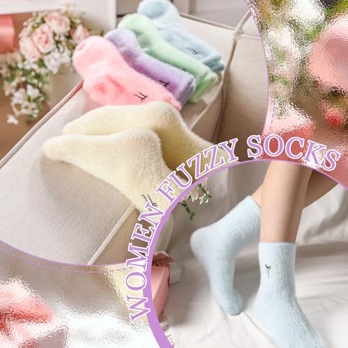 Geyoga 5 Pairs Fuzzy Bow Socks for Women Fluffy Slipper Gift - color: Pastel