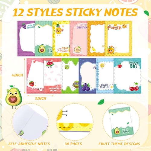 Dispowreath 24 Pcs Funny Positive Fruit Sticky Notes with Pens Christmas Cute Notepad Memo Notes Pads Black Ink Pen Bulk Gifts for Coworkers Employee Teacher Office Supplies - style: Fruit