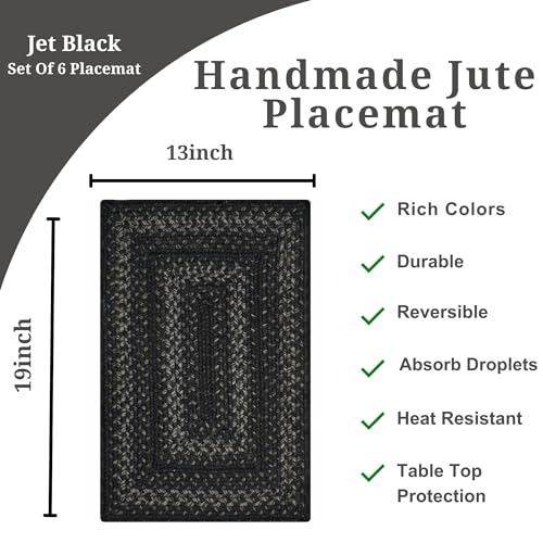 Homespice Jet Black Jute Braided Placemats, Rect 13x19 Set of 6 - color: Jet Black