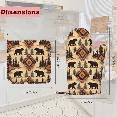 Tribal Bear Retro Geometric Silicone Oven Mitts and Pot Holders,Heat-Resistant 4 Piece Kitchen Set Non-Slip Oven Gloves and Hot Pads for Cooking, Baking, Grilling,BBQ - color: Tribal Bear Retro Geometric