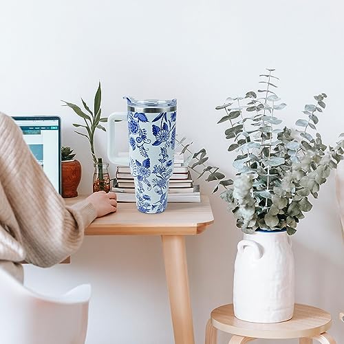 Blue and White Porcelain 40 oz Tumbler with Handle Straw Lid - color: Blue and White Porcelain
