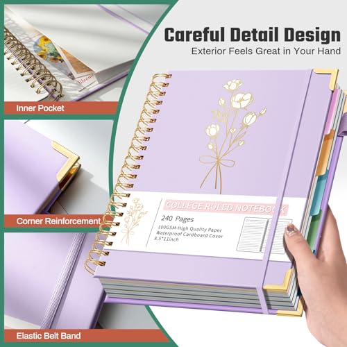 Ovesmusl 5-Subject Hardcover Spiral Notebook, 8.5" x 11", College Ruled - color: Purple, size: 8.5"x11"