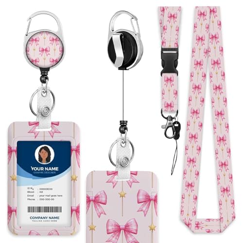 ID Holders for Badges Pink Bow Knot Badge Holder with Lanyard Clip Gold Star for Women Nurse Teacher Student - color: Pink Bow Knot