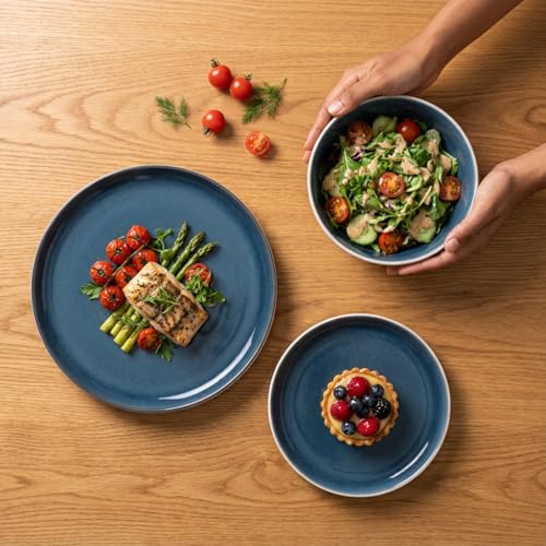 20-Piece Ceramic Dinnerware Set, Service for 4 – Ocean Blue Interior and Sand White Exterior, Color Reveal Plates Bowls and Mugs, Microwave Dishwasher Oven Safe - Bellagio