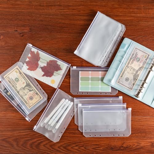 16 Pcs A6 Zippered Binder Envelope Pouches for 6-Ring Budget Cash System, Clear Inserts for Money Saving and Budgeting, With 42 Sticky Labels - size: A6