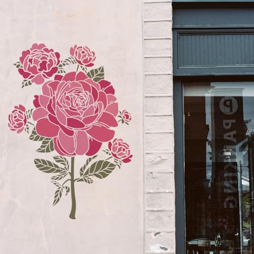 MAYJOYDIY 2pcs Peony Stencil 11.8×11.8inch Large Peony Flower Stencils for Painting Splicing Style with Paint Brush Spring Floral Peony Drawing Template for Wood Walls Canvas Furniture Art Crafts - color: Peony