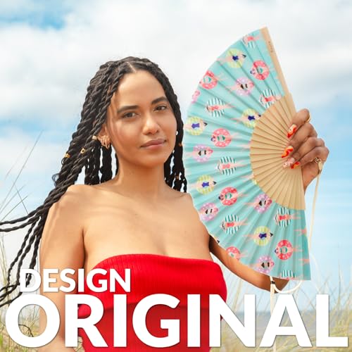 Fisura – Original “Swimmers” Folding Fan. Blue Wooden Handheld Fan for Women with Hanger. Lightweight Accessory for Weddings, Birthdays, Parties, Festivals and Unique Summer Gift Ideas. - color: Swimmers