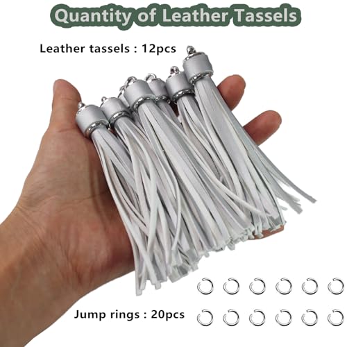 4.3'' Silver Leather Tassels 12Pcs with Silver Caps for Keychains - color: Silver