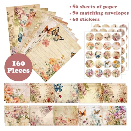 Stationery Paper Envelopes Set 160 Pcs - 50 Lined Writing Paper, 50 Envelopes, 60 Dot Stickers, Vintage/Floral/Leaf/Watercolor Multi-Style Options (STATIONERY-160PCS-VINTAGE) - style: Vintage Botanical