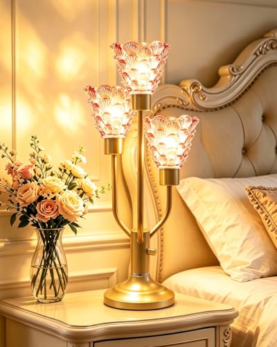Lightdot Vintage Table Lamp Dimmable Pink Glass Lamp 3 Bulbs Included - color: 17-Gold-Pink-Shell