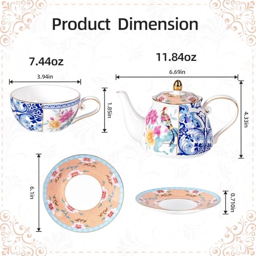 KAMMAK Tea for One Set, Ceramic Teapot, Bone China Tea Set, Cup and Saucer - color: Blue-GH11