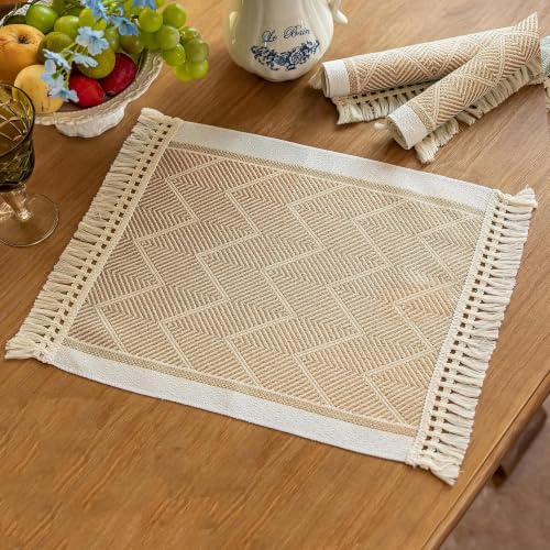 Boho Woven Placemats Set of 4, 14x18 Inch Heat Resistant Dinner Mats - color: Coffee Bd