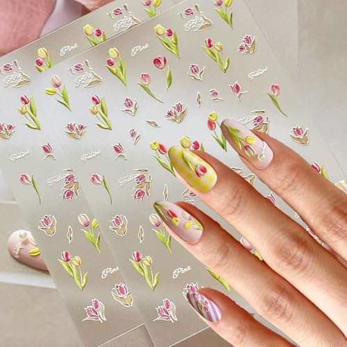 3D Bloom Tulip Nail Stickers,Flowers Nail Art Stickers for Nails Press on, Decals for Spring Nails, French Manicure Decals Supplies and Design Sticky tabs Tools for Women, 2 Sheets