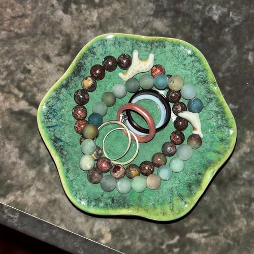 2Pcs Ceramic Jewelry Dish - Lotus Leaf Shape, for Ring Holder Necklace Small Key, Suitable for Mother Friend Sister, Gifts for Women, Cute Plate Trinket Tray, Home Decor (Crystal Green & Blue) - color: Crystal Green & Blue