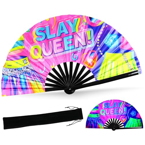 SYNTECSO Folding Hand Fan for Rave, UV Glow Clack Fan - color: Slay Queen