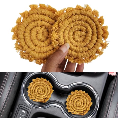 Cotton Car Coasters for Cup Holders, 2PC Car Cup Coasters, Drink Coaster Holder, Cute cupholder Coaster Accessories for Women, Macrame, Boho (Sunshine Yellow) - color: Sunshine Yellow