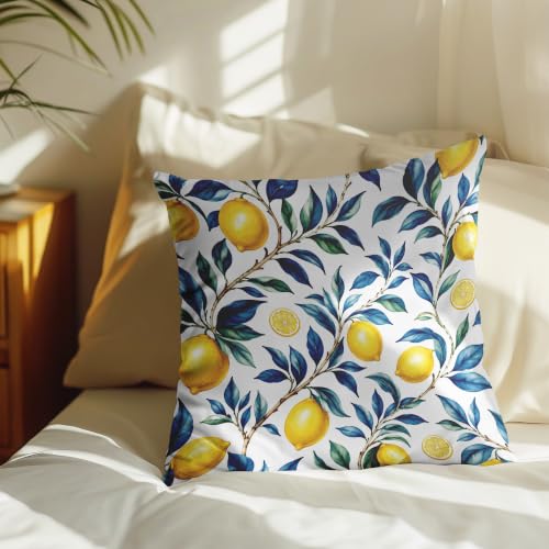 Lemon Branch Pillow Cover Blue Leaf Botanical Citrus Coastal Decor 18x18 - color: Yellow Lemons