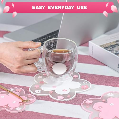 Cherry Blossom Coaster for Desk Set of 2, Non-Slip PVC Cup Mats - color: 2pcs Cherry Coasters