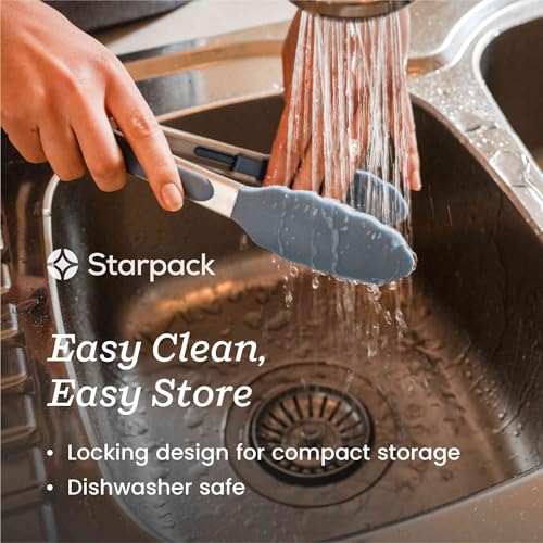 Starpack Get a Grip Silicone Kitchen Tongs (9 Inch) - LFGB Non Toxic, 600°F Heat Resistant, BPA-Free - Heavy-Duty Stainless Steel, Locking - Dishwasher Safe for Nonstick Cookware - color: Light Blue, size: 9" Single