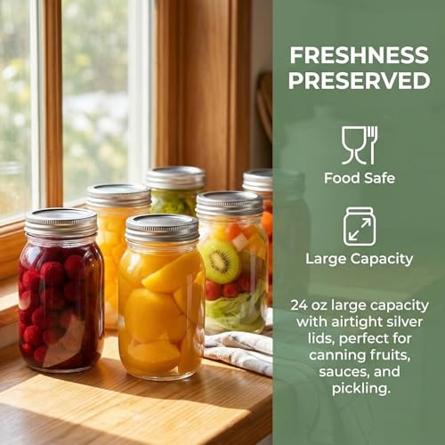 Jucoan 12 Pack 24 oz Glass Mason Jar Canning Jar with Silver Airtight Metal Lids, Regular Mouth Glass Jars for Preserving Fruits, Vegetables, Pickles, Tomato Juices and Sauces, Square Shape