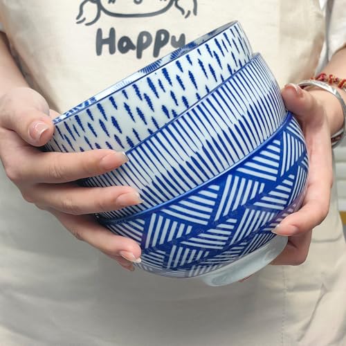 28Oz Ceramic Ramen Noodle Pho Bowl Set with Chopstick&Spoon&Gift box - size: 6in Floral Striped Pattern