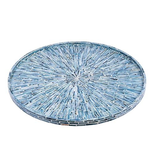 PEMAR 22" Round Mother of Pearl Extra Large Ottoman Tray with Raised Edge, Oversized Decorative Luxury Wooden Serving Tray for Food, Coffee Table, Breakfast in Bed (Blue Sunlight) - color: Blue Sunlight