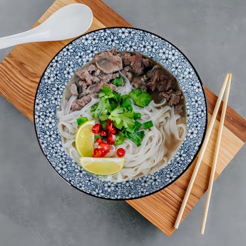 38 oz Japanese Ramen Bowls Set of 6, Large Pho Bowls, 8 Inch Ceramic Blue and White Soup Bowls, Mixing Pattern - color: Mixing Pattern
