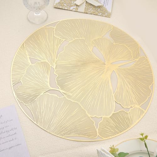 Gold Round Placemats Set of 6 Metallic Pressed Vinyl Place Mats 15 Inch - color: Gold Ginkgo