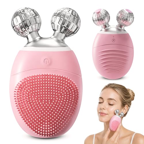 Facial Cleansing Brush 3-in-1, Silicone Face Scrubber and Massager with V-Roller, 5 Vibration Modes, Waterproof Rechargeable Electric Face Wash Brush for Daily Cleansing