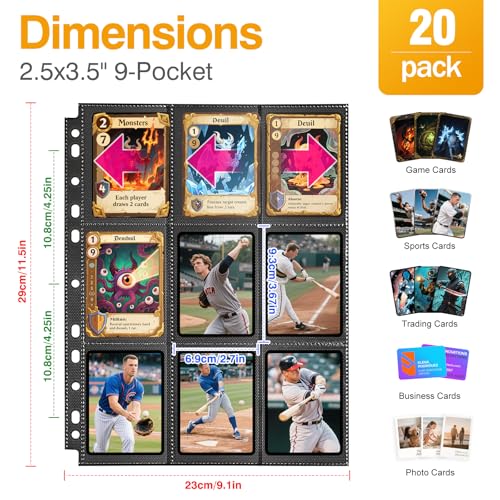 20 Pack 360 Pockets Black Trading Card Sleeves Binder Sheets, Double Sided Thicken Game Card Sleeves for 3 Ring Binder, 9 Pocket Side Loading Page Protector for MTG, Yugioh, Game, Baseball Cards - color: Black-20 Pack