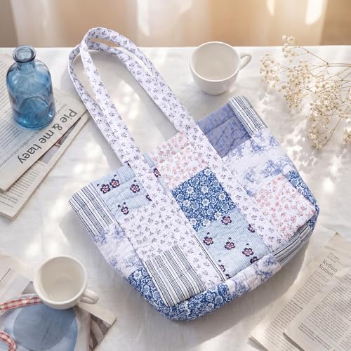 Aliceset Quilted Patchwork Tote Bag for Women Cotton Shoulder Bag Back to School Gift Farmhome Rustic Handbag Commuting Beach - style: Blue Floral