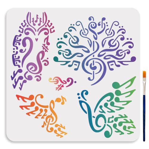 MAYJOYDIY Musical Bird Stencils 11.8×11.8inch Large Music Note Bird Painting Stencils with Paint Brush Artistic Peacock Drawing Template for Wood Wall Furniture Canvas Decor - color: Musical Bird