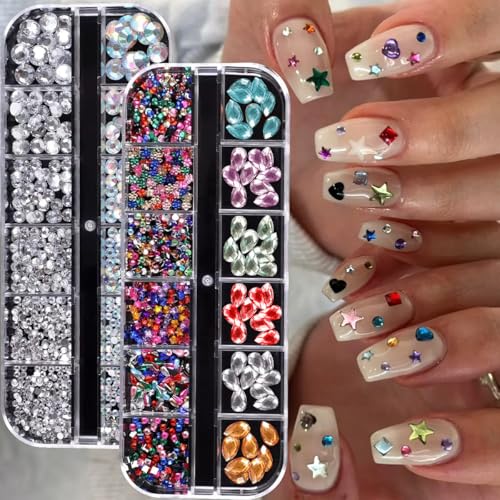 CUBLIVE Nail Charms Art Kit with 30 Sheets Gold Nail Stickers and 6 Boxes of Nails Gems with Manicure Art Tools for 3D Nails Supplies DIY Charms and Rhinestones