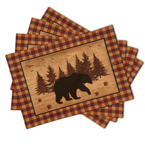 Rustic Bear Forest Pine Tree Placemats Set of 4, Wildlife Paw Print Buffalo Plaid Table Place Mats 18 x12 Inch Heat Resisting Non-Slip Table Mats for Party Holiday Kitchen Farm Indoor Decor - color: Rustic Bear