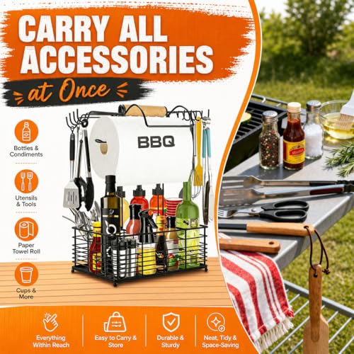 Grill Caddy, BBQ Caddy for Outdoor Grill with Windproof Paper Towel Holder
