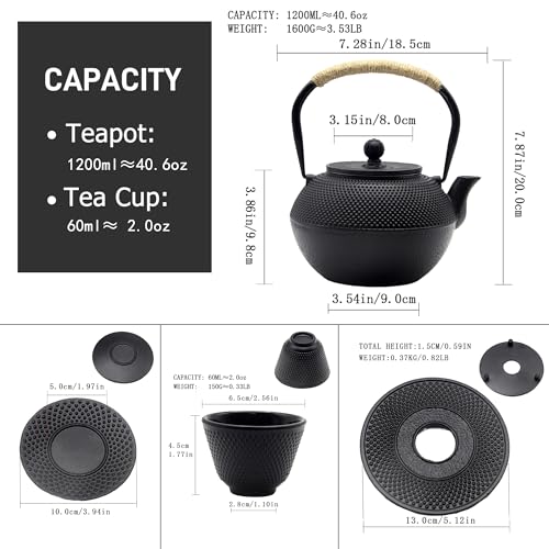 YJX 40.6 fl oz Cast Iron Teapot Set, Tea Set with Cups and Saucers - size: 1200 ml with Cups and Saucers