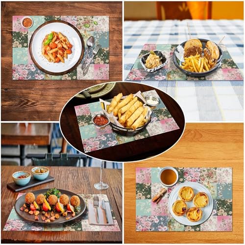Boho Floral Placemats Set of 4, 12x18 Inch Vintage Colorful Patchwork Retro Flower Plaid Spring Farmhouse Holiday Coffee Table Mats for Party Kitchen Dining Decoration - color: Pm-patchwork02, size: 4pcs