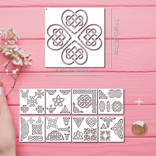 9-Pack Celtic Knot Stencils for Painting on Wood- 8x8 Inch Reusable Drawing Templates for Wood Painting, Wall Art, Baking Decor & DIY Crafts, Traditional Interlace Pattern Designs - color: White