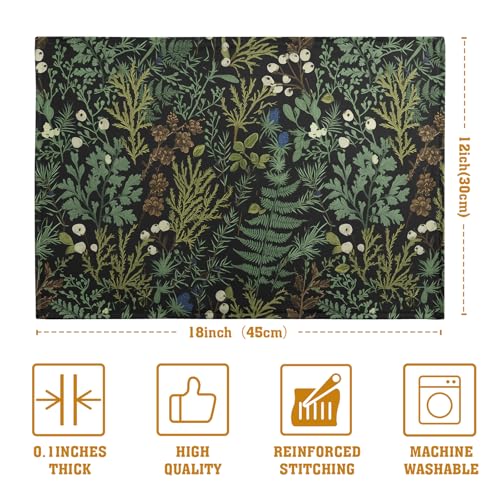 Black Sage Green Leaves Placemats Set of 4 Vintage Botanical Fern Leaf Floral Place Mats Farmhouse Heat Resistant Washable Kitchen Dining Linen Table Mats for Home Party Decor 12x18 Inch - color: Black Sage Green Leaves