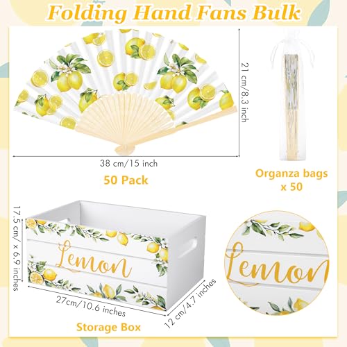 Aodaer 50 Pack Lemon Printed Folding Hand Fans with Organza Bags Bulk Wooden Storage Box Retro Mediterranean Paper Fans Capri Handheld Fan for Bridal Shower Wedding Bridesmaid Gifts - style: Lemon