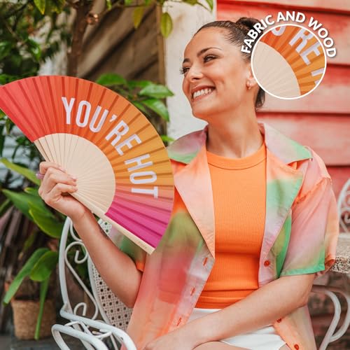 Fisura – Original Folding Fan with Message “You are h*t, Wooden Hand Fan Folding for Women, Gradient Pink Design with Hanger for Wedding, Rave, Festival - Size: 42.5 x 23 cm - color: Hot, Gradient