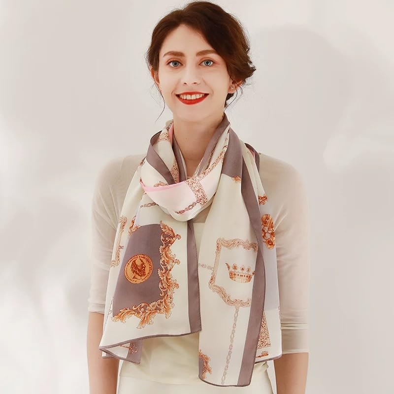 ANDANTINO 100% Silk Long Scarf-Women Large Oblong Shawls with Gift Packed - color: Chains-pink&gray
